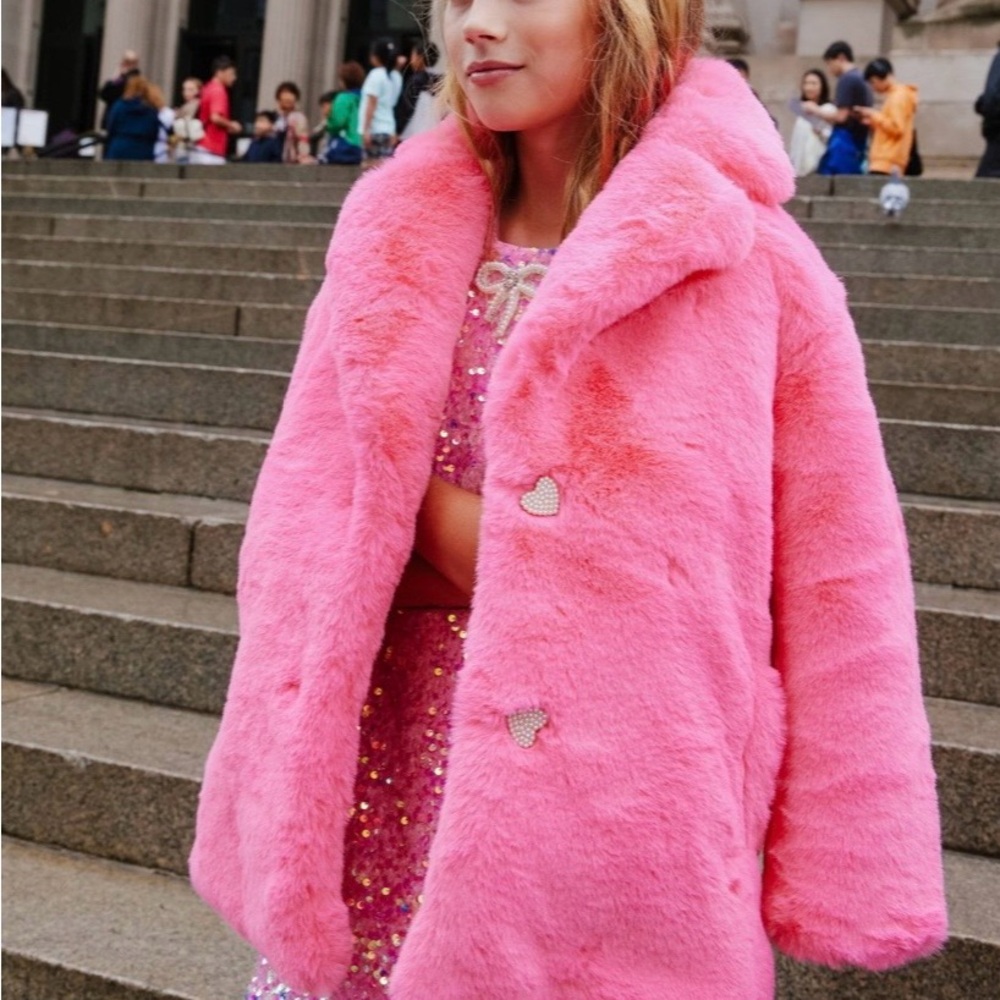 Lola + The Boys Hot Pink Faux Fur Coat with Heart Buttons